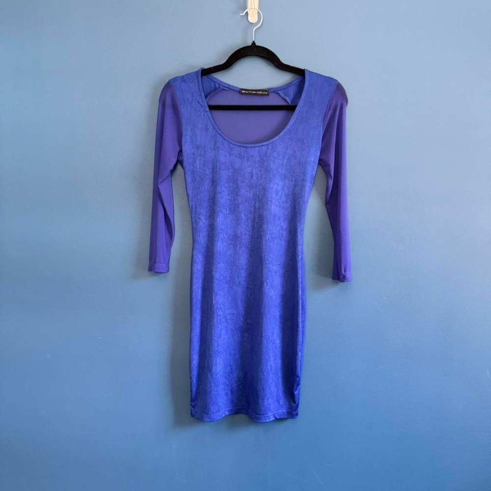 Y2K Blue Bodycon Dress Women's Size Medium‎ Symphony Mesh 3/4 Sleeve Club Party
